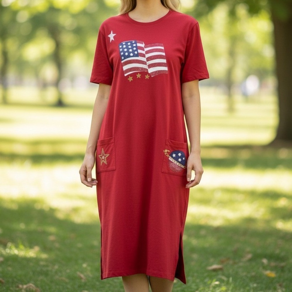 Cover Charge Vintage USA Made Red Patriotic American Flag Maxi Dress Womens M
